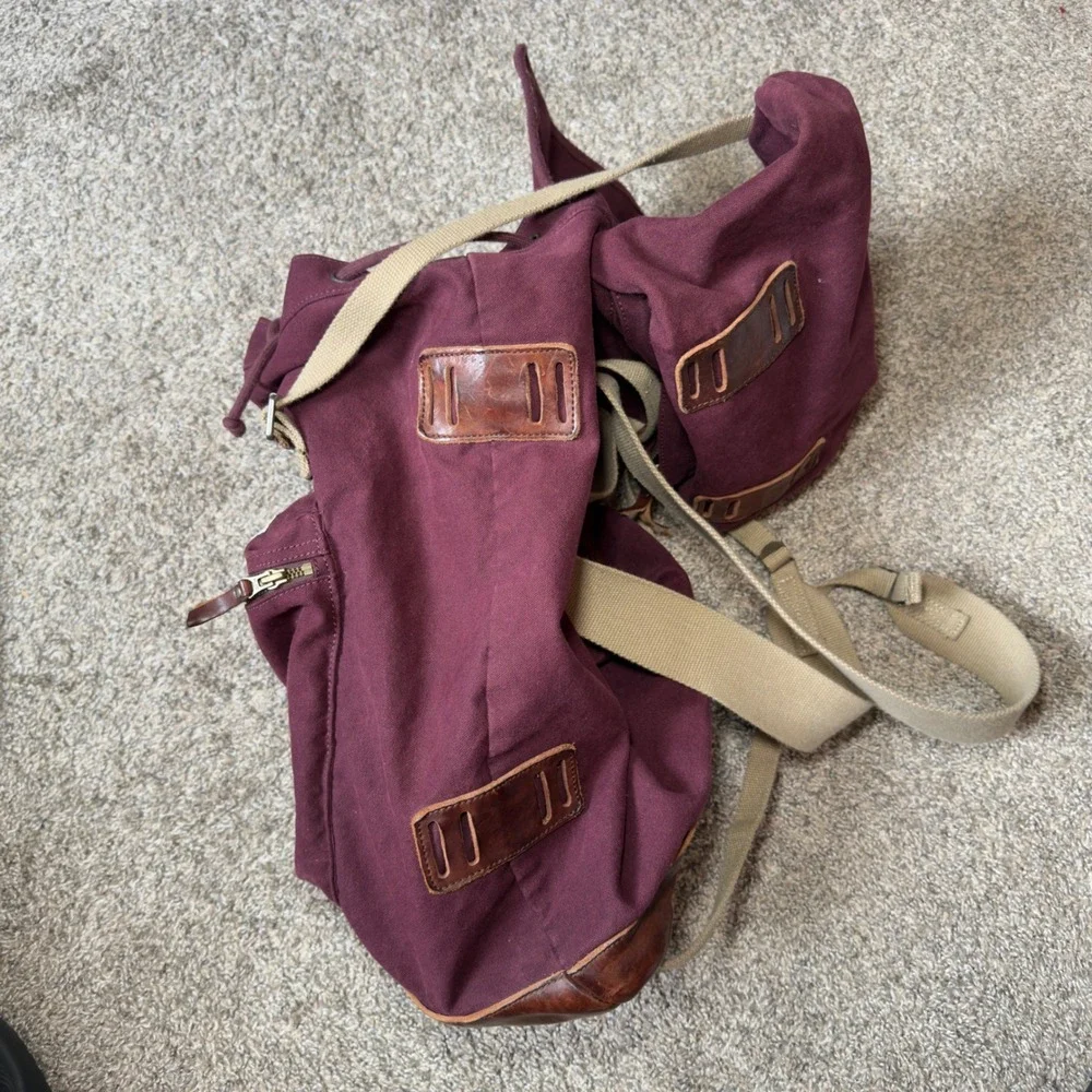 Ralph Lauren Rugby Mens Canvas Backpack Burgundy Leather Bottom National Forest